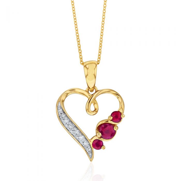 9ct Yellow Gold Natural Ruby and Diamond Embellished Heart-Shaped Pendant with a 45cm Chain for a Timeless Jewelry Piece