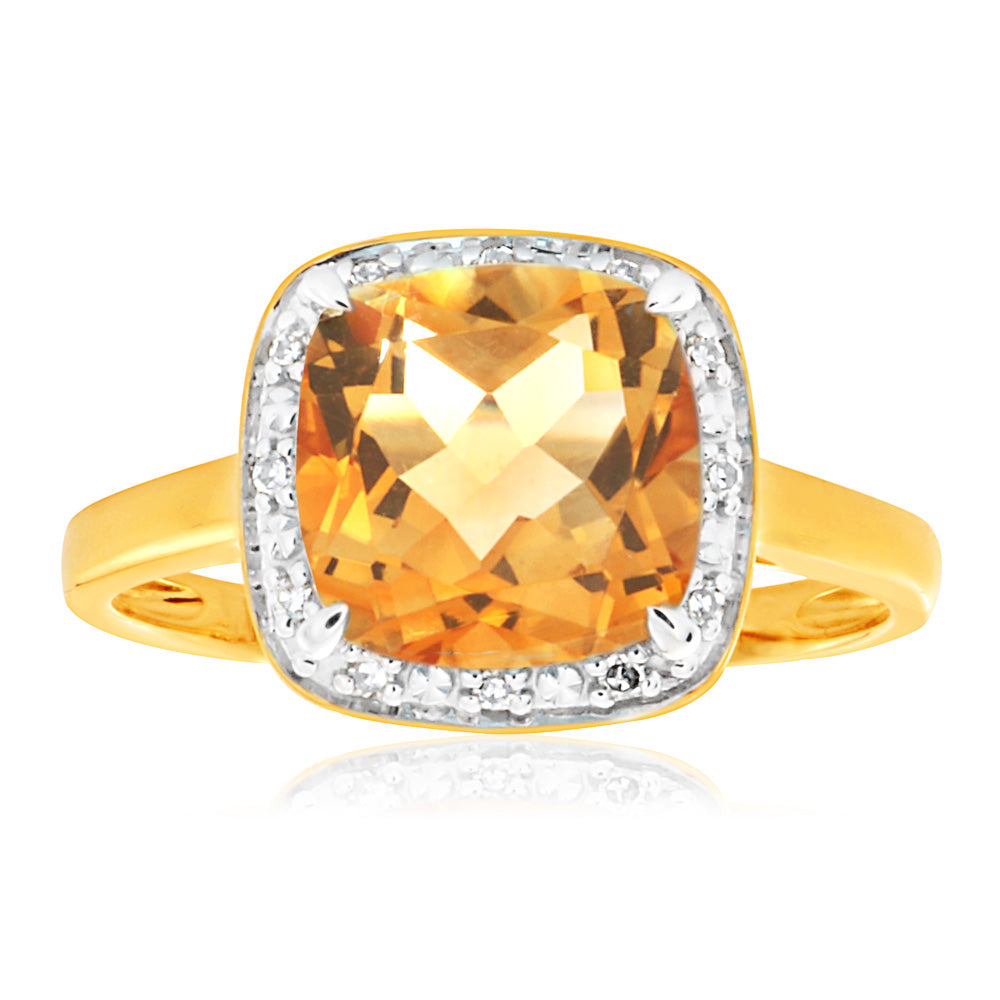 9 - carat Yellow Gold Ring Embellished with 2 - carat Citrine and Diamonds