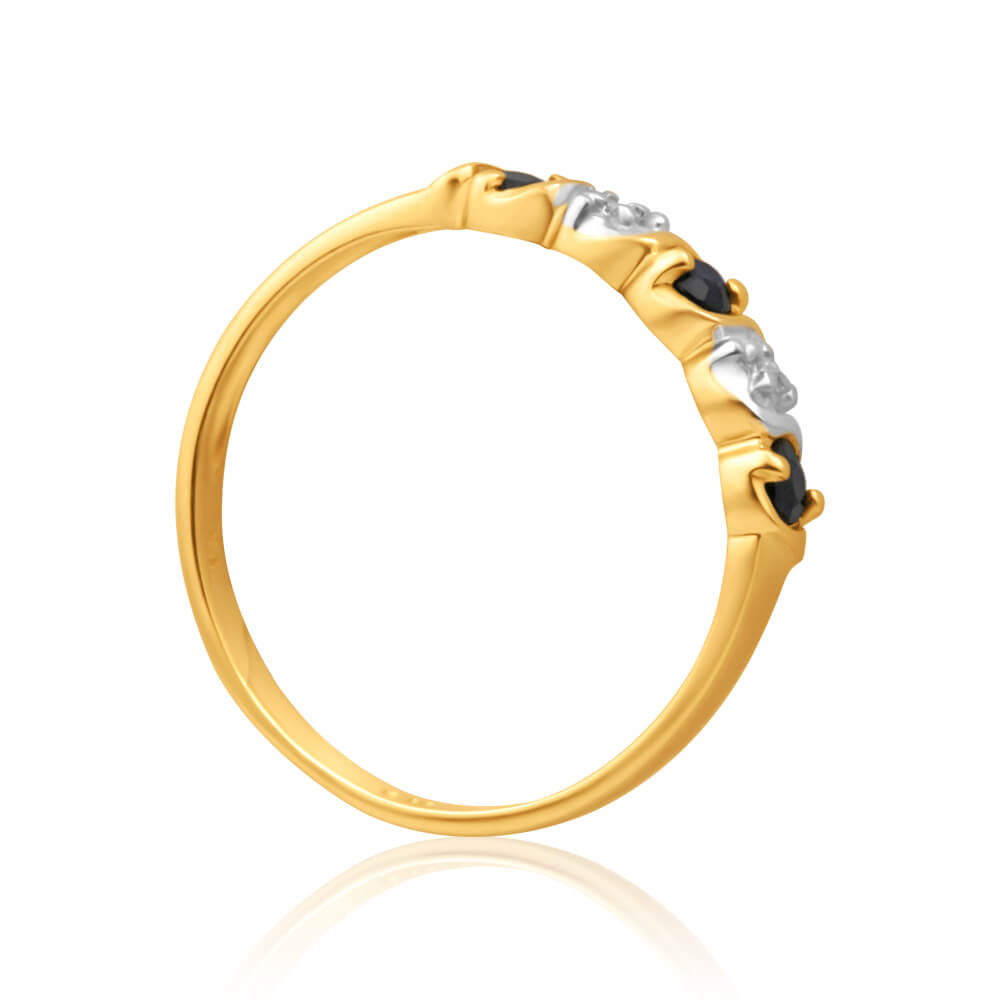 Stunning 9ct Yellow Gold Ring Featuring Exquisite Diamonds and Natural Black Sapphires