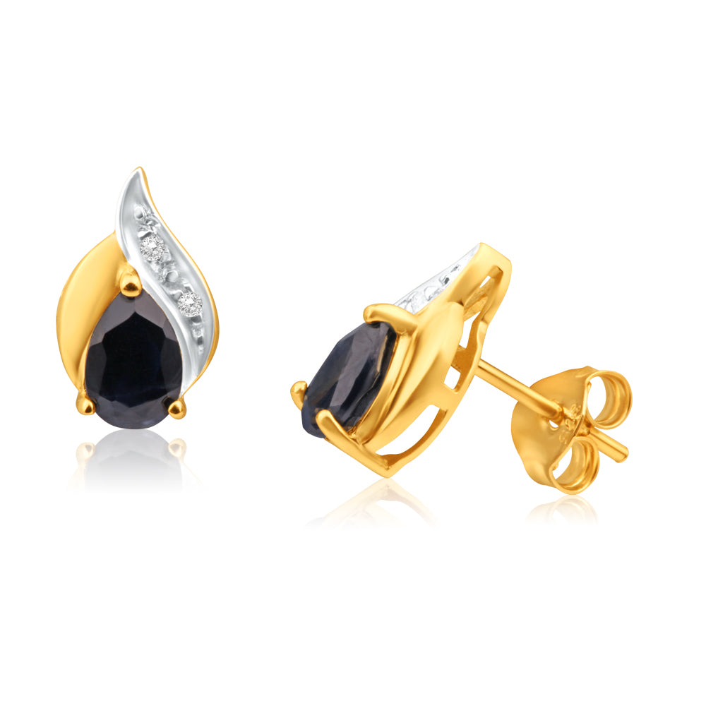 Stunning 9 Carat Yellow Gold Stud Earrings with Natural Sapphires and Diamonds in a Vintage Flame Design