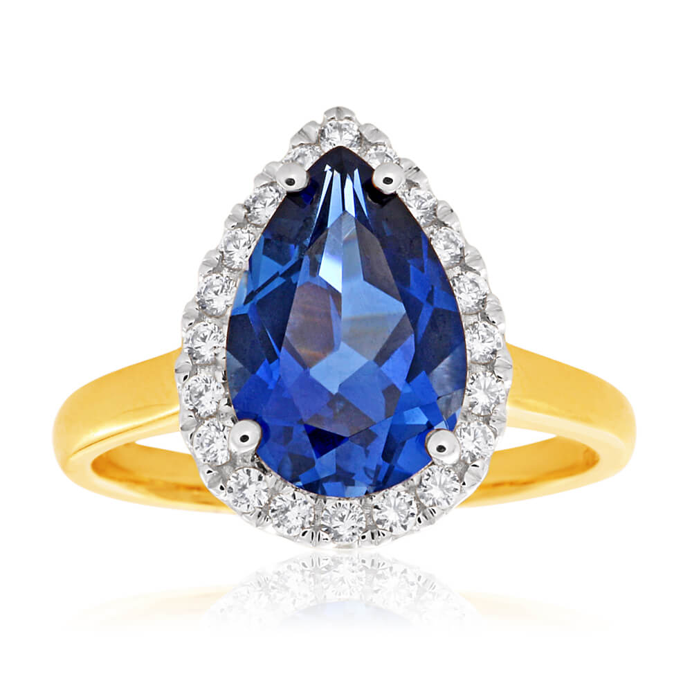 9ct Yellow Gold Ring with Pear - shaped Created Sapphire and Cubic Zirconia Halo