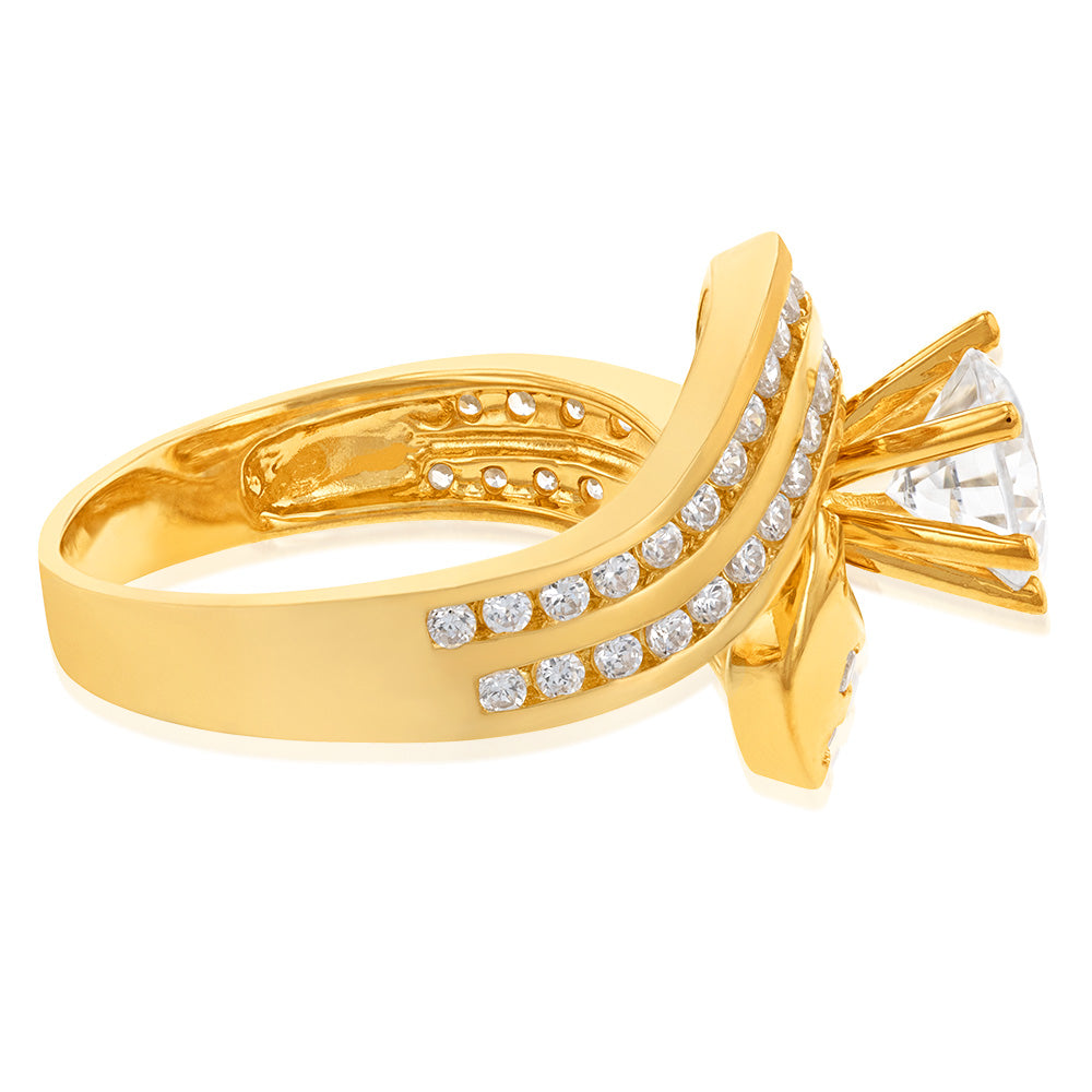 Stunning 9 Carat Yellow Gold Two - Row Cubic Zirconia Twisted Solitaire Engagement - Style Ring