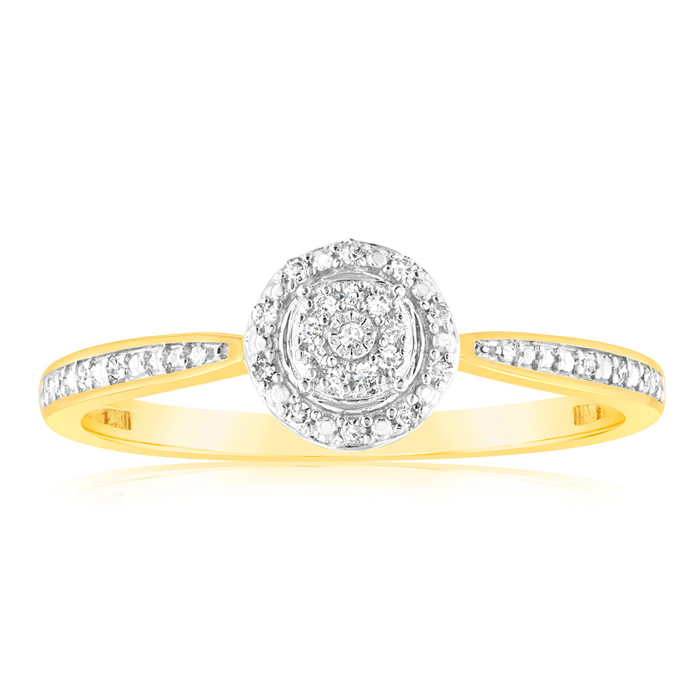 Exquisite 9ct Yellow Gold Diamond Cluster Ring Adorned with 33 Brilliantly Cut Diamonds