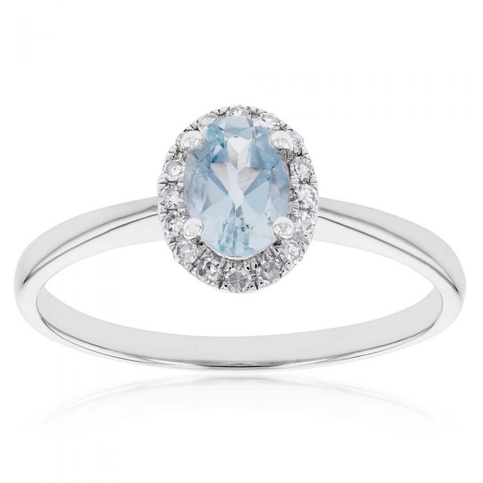 9 Carat White Gold Ring Featuring Aquamarine Gemstone and 0.10 Carat Diamond