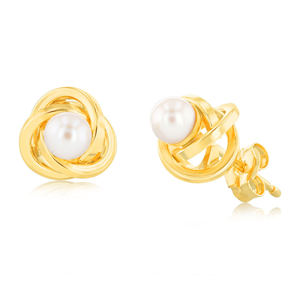 4mm Freshwater Pearl Knot Stud Earrings Crafted from 9-carat Yellow Gold - Ideal Jewelry Pieces