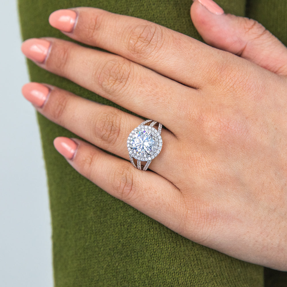 9ct Yellow Gold Round Double Halo Zirconia Split Band Engagement Ring for Women