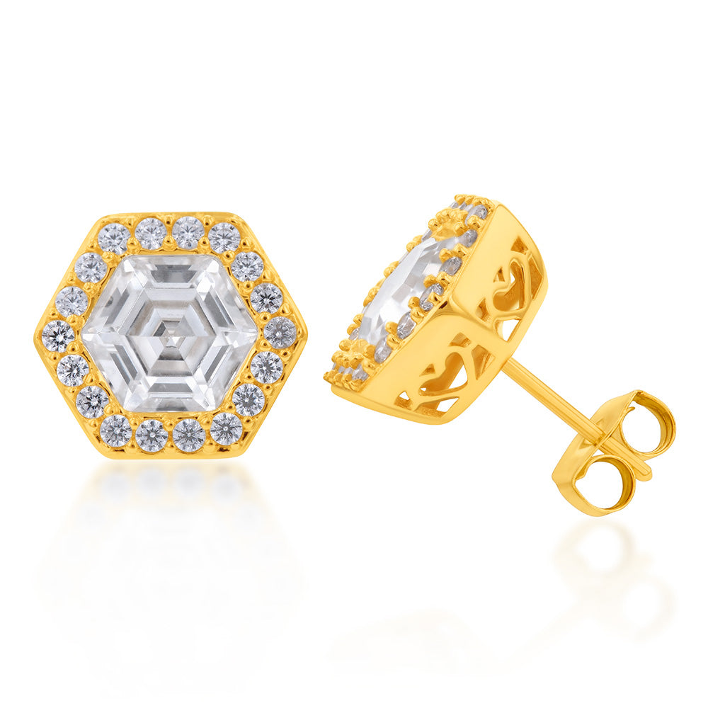 9-carat Yellow Gold Fashionable Hexagonal Cubic Zirconia Halo Stud Earrings for Women