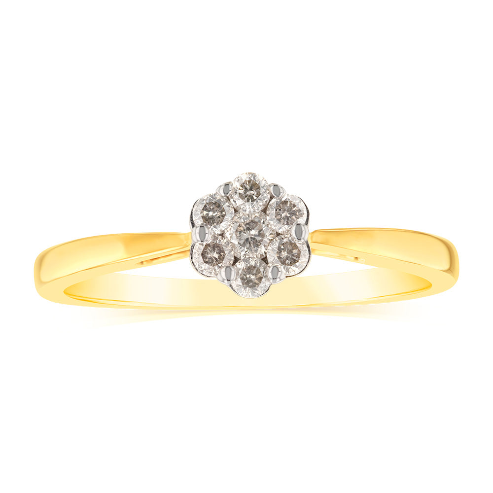 Exquisite 9ct Yellow Gold Ring with 1/5 Carat Diamonds in a Beautiful Flower Shape