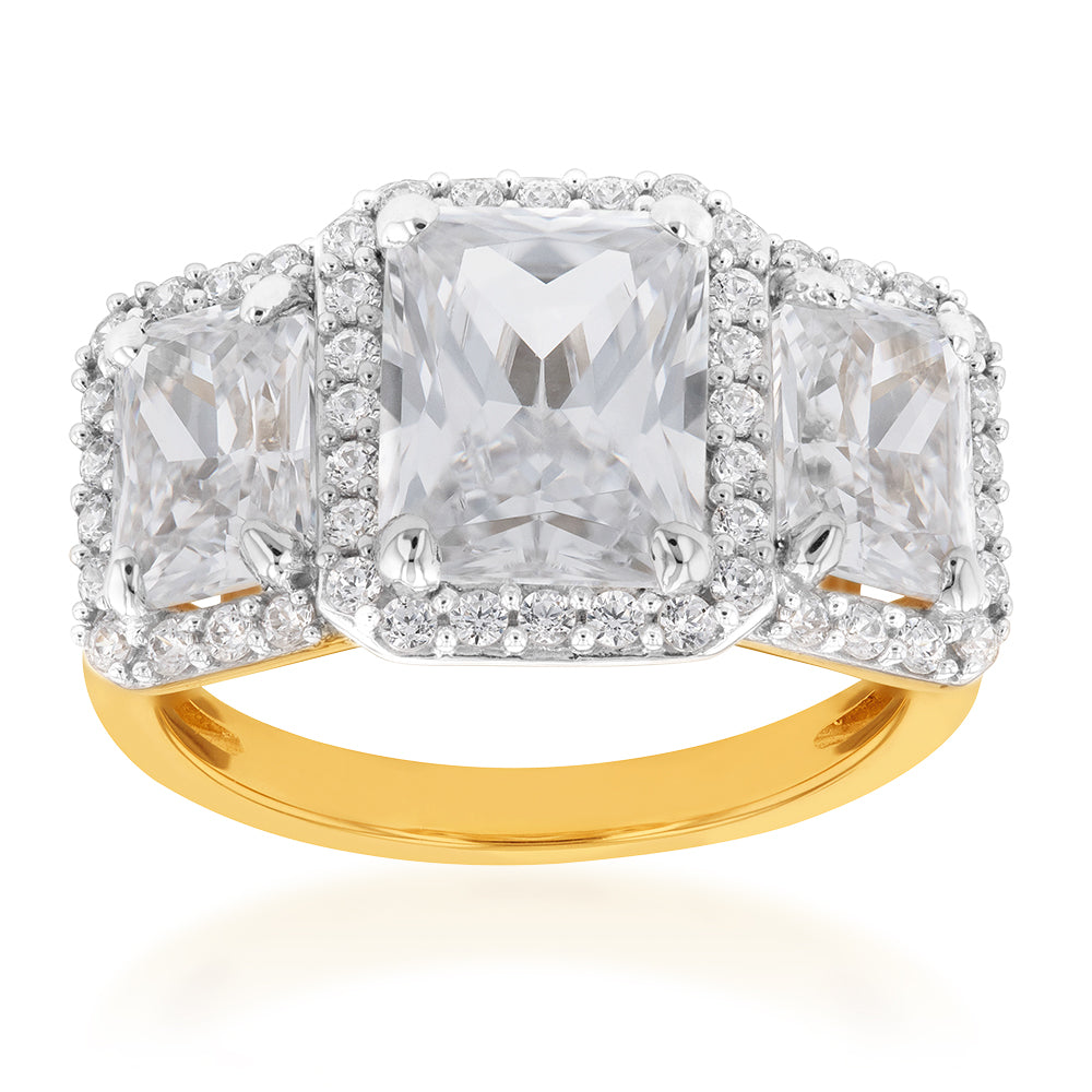 9-carat Yellow Gold Emerald Cut Cubic Zirconia Trilogy Engagement Ring