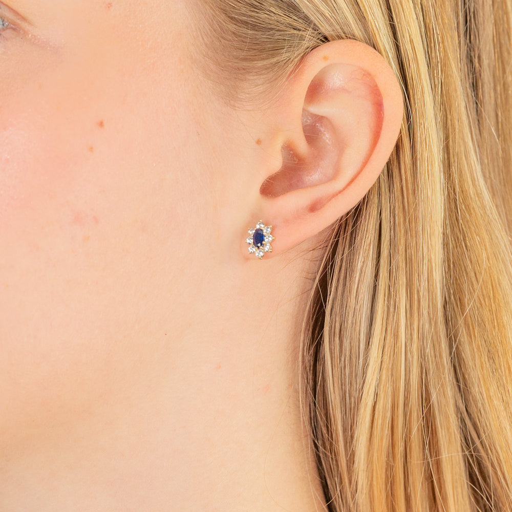 9ct Yellow Gold Oval Stud Earrings with Blue and White Cubic Zirconia