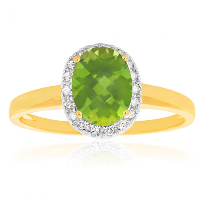 Stunning 9 Carat Yellow and White Gold Peridot and Diamond Halo Engagement Ring
