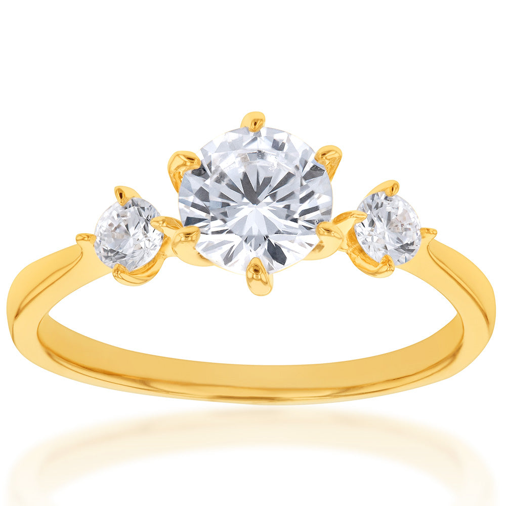 9ct Yellow Gold Classic Round Cubic Zirconia Trilogy Engagement Ring