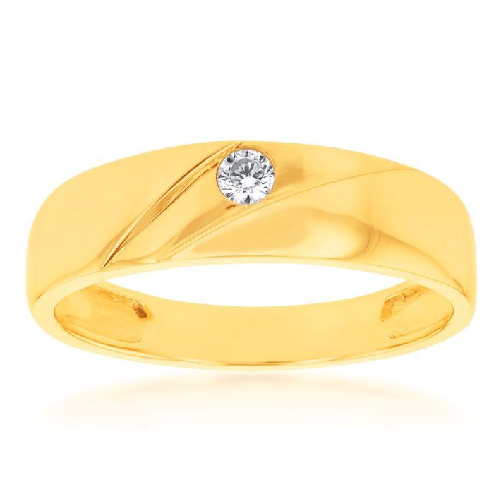 Men's 9-Carat Yellow Gold Ring Featuring a Round Cubic Zirconia Stone