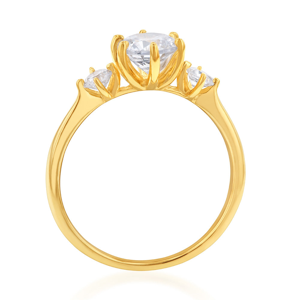 9ct Yellow Gold Classic Round Cubic Zirconia Trilogy Engagement Ring