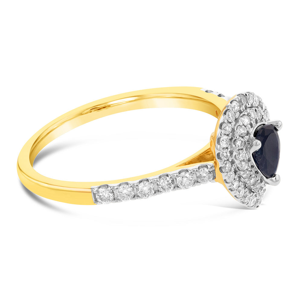9ct Yellow Gold Pear Ring with 0.30ct Natural Black Sapphire and 1/3ct Diamond Double Halo