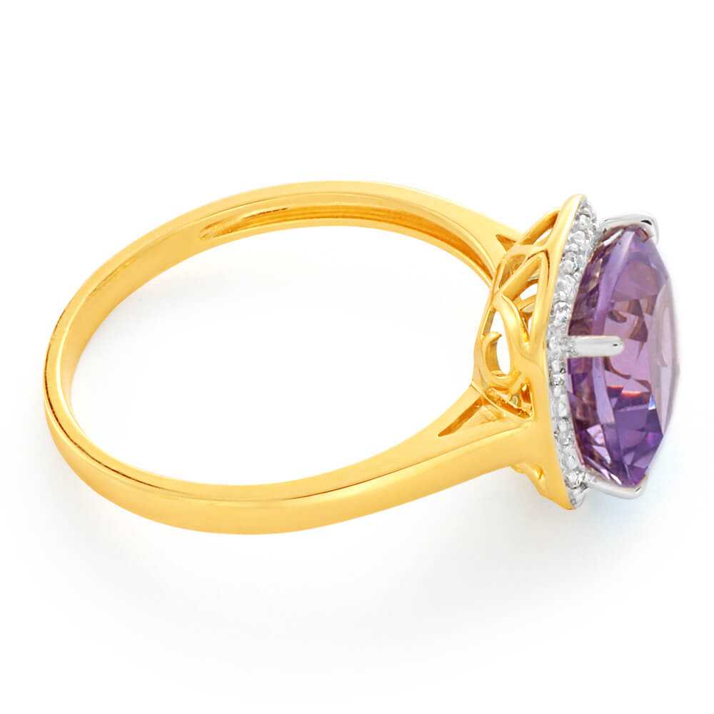 9 Carat Yellow Gold Amethyst and Diamond Engagement Ring for Women