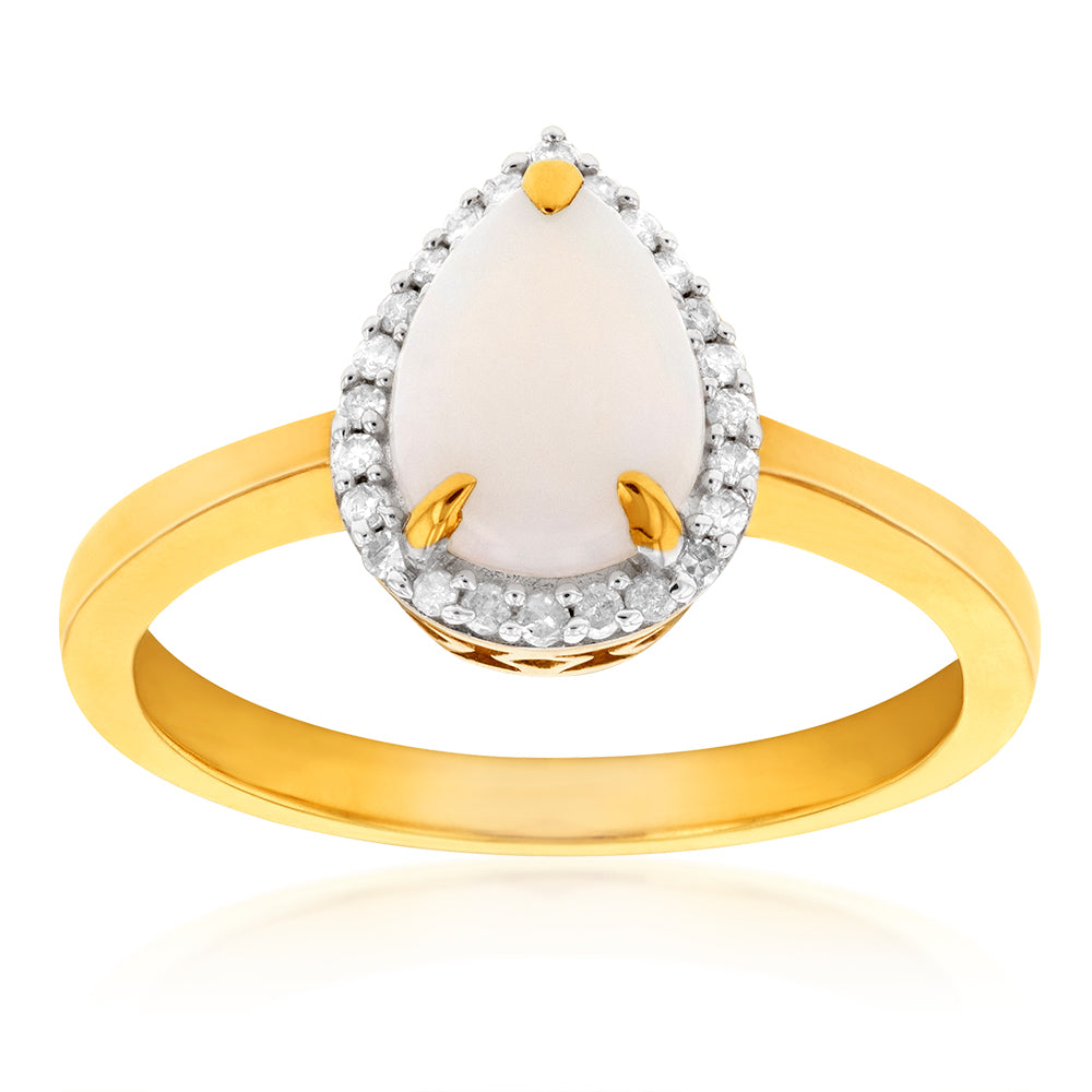 9-carat Yellow Gold Pear-shaped Ring Featuring Natural White Solid Opal and Diamonds