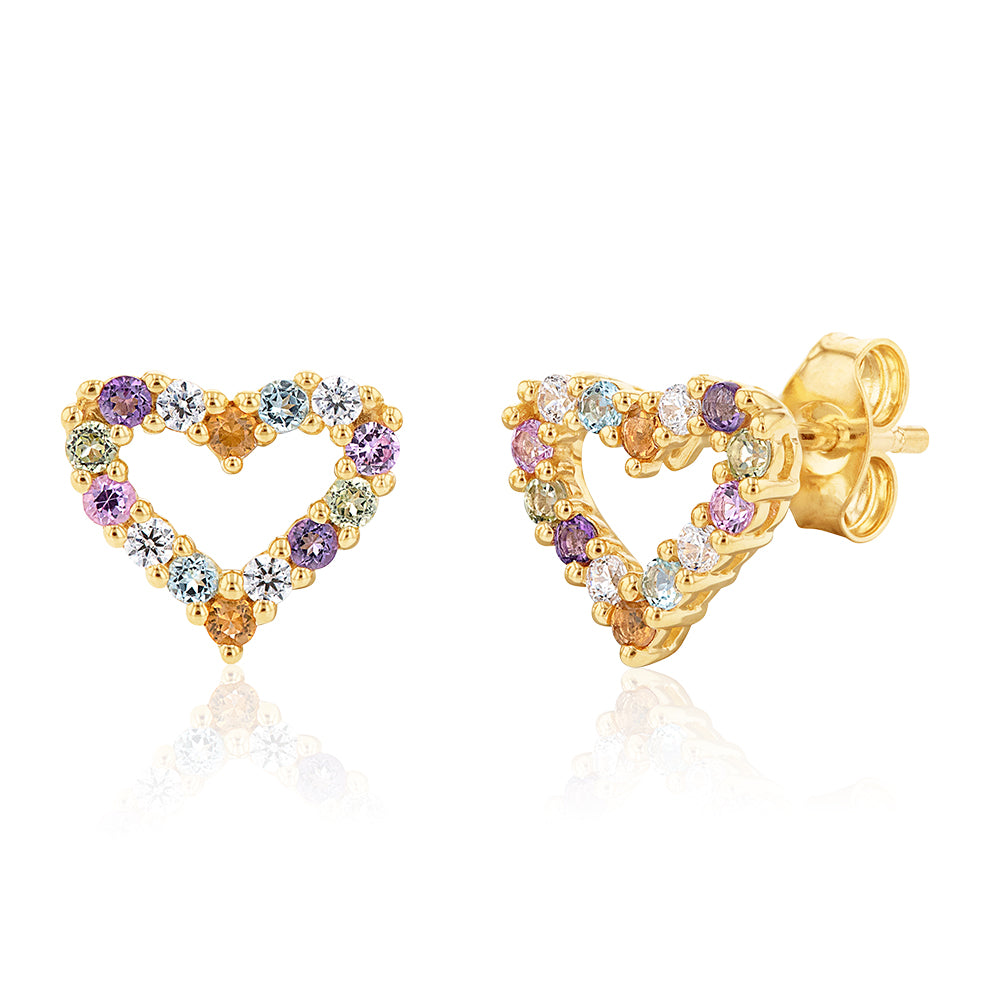 9-carat Yellow Gold Stud Earrings with Rainbow Gemstone Heart Design