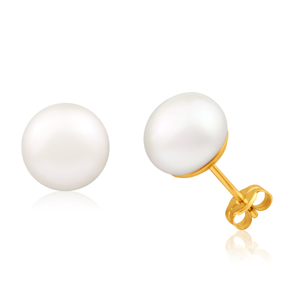 Stylish 9ct Yellow Gold 9mm White Freshwater Pearl Stud Earrings for Everyday Wear