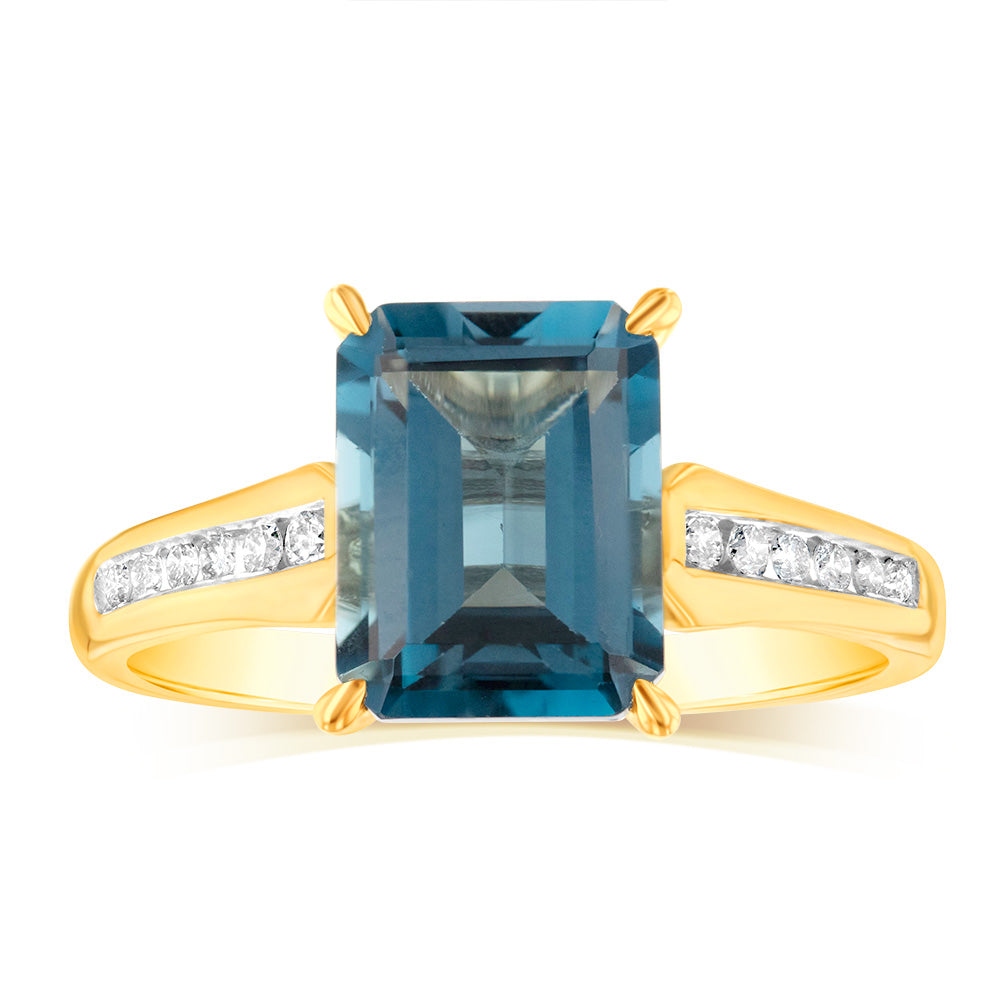 Stunning 9ct Yellow Gold Ring with Natural London Blue Topaz and Channel-Set Diamonds