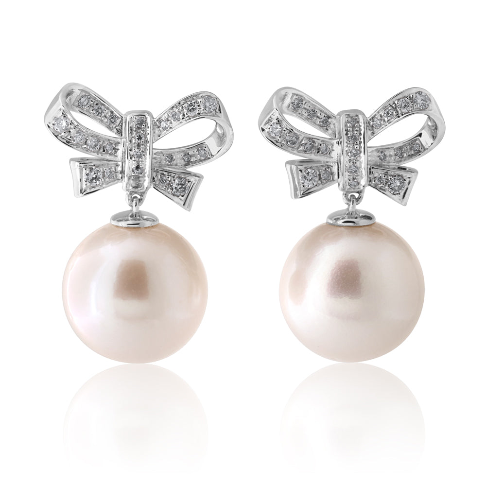 Exquisite 9ct White Gold 9 - 12mm South Sea Pearl and 0.31ct Diamond Earrings