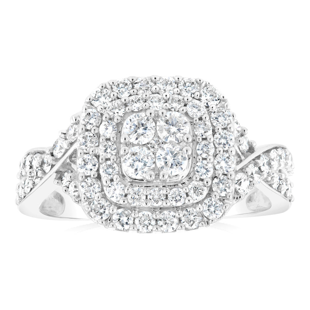 Stunning 0.95 Carat Diamond Cluster Cushion Ring Set in 10ct White Gold