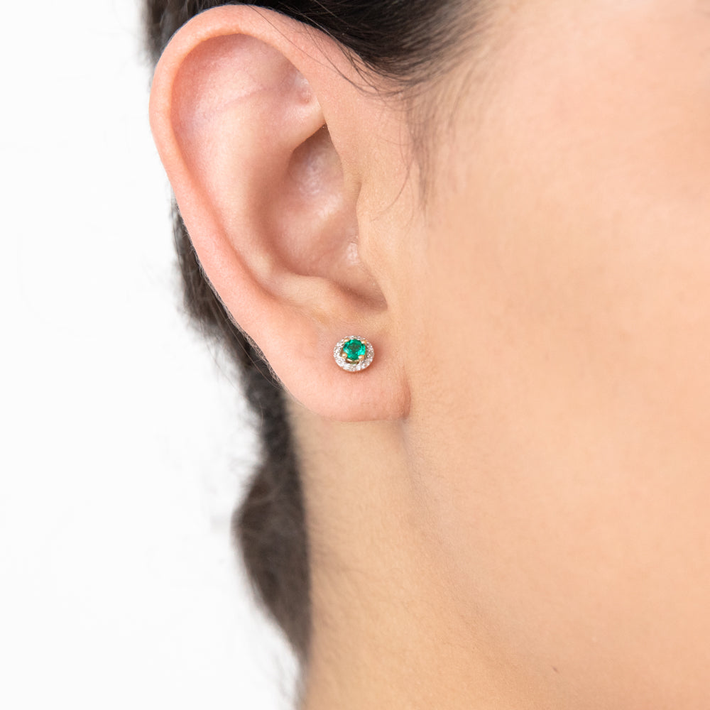 Stunning 9ct Yellow Gold Stud Earrings with Lab - Created Emeralds and Diamond Halos