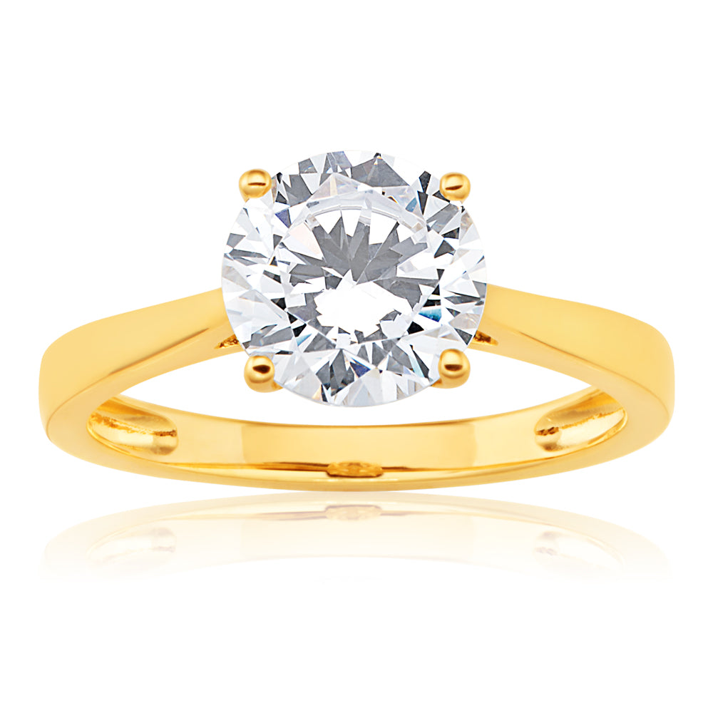 Stunning 9 Carat Yellow Gold Solitaire Ring with 8mm Brilliant Cut Zirconia Gemstone