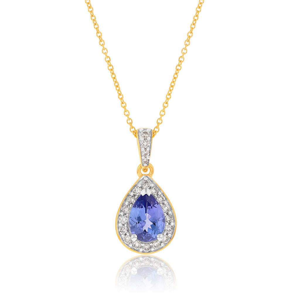 45cm Chain 9ct Yellow Gold Pendant with 0.75ct Tanzanite and 0.15ct Diamond in Pear Shape
