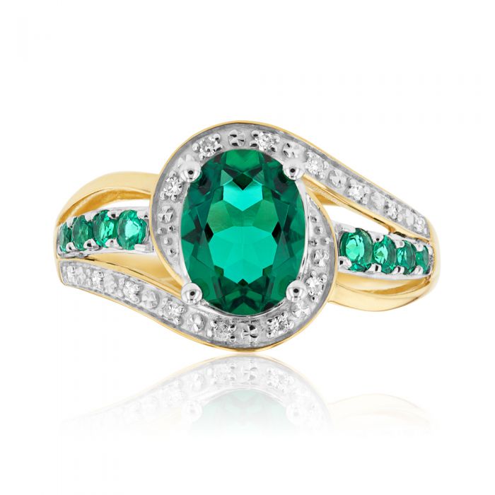 Exquisite 9ct Yellow Gold Ring with Created Emeralds and Diamonds