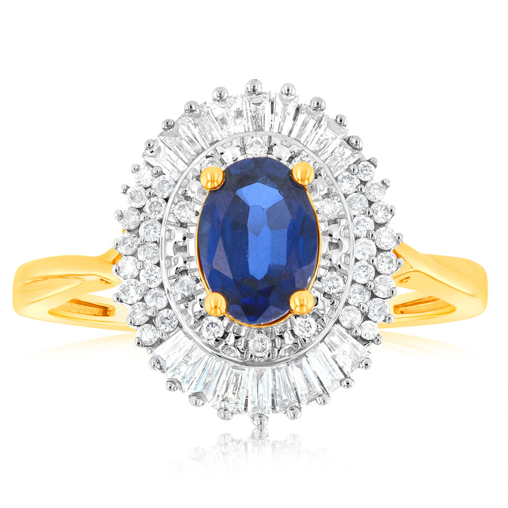 Exquisite 9ct Yellow Gold Ring Featuring Oval Created Sapphire and Sparkling Diamonds