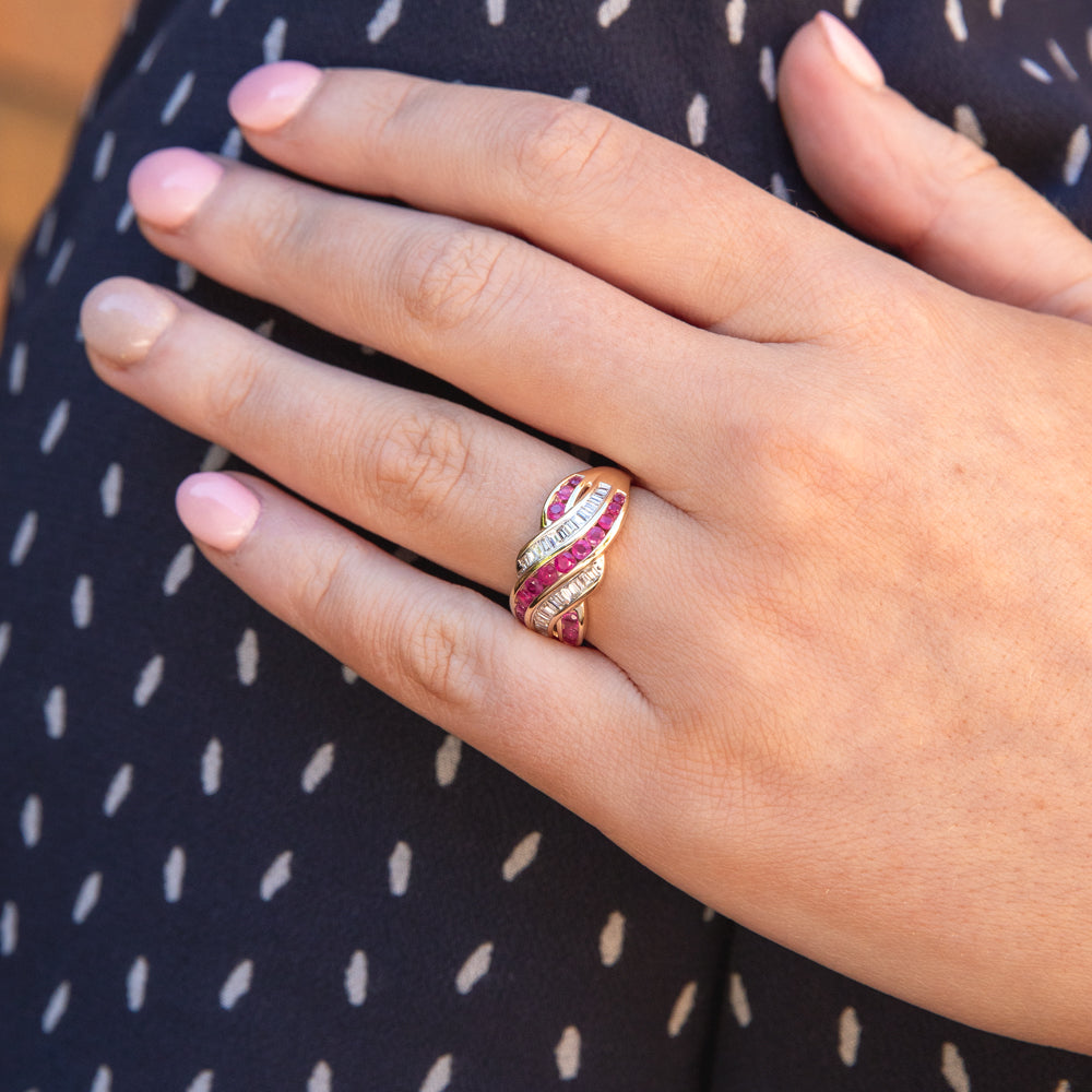 Stunning 9 Carat Yellow Gold Wave Ring Featuring 0.93 Carat Natural Ruby and 1/3 Carat Diamond
