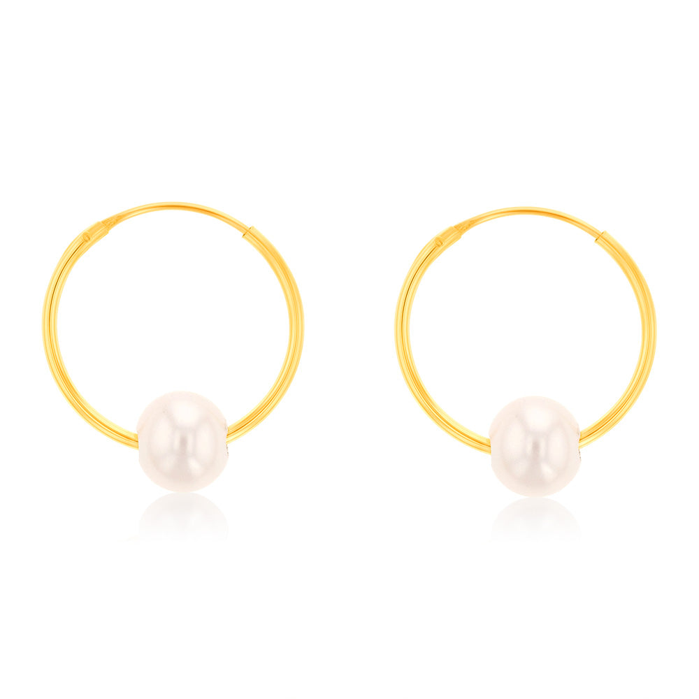 9-carat Yellow Gold Hoop Sleeper Earrings with 5mm Freshwater Pearls of 13mm Size