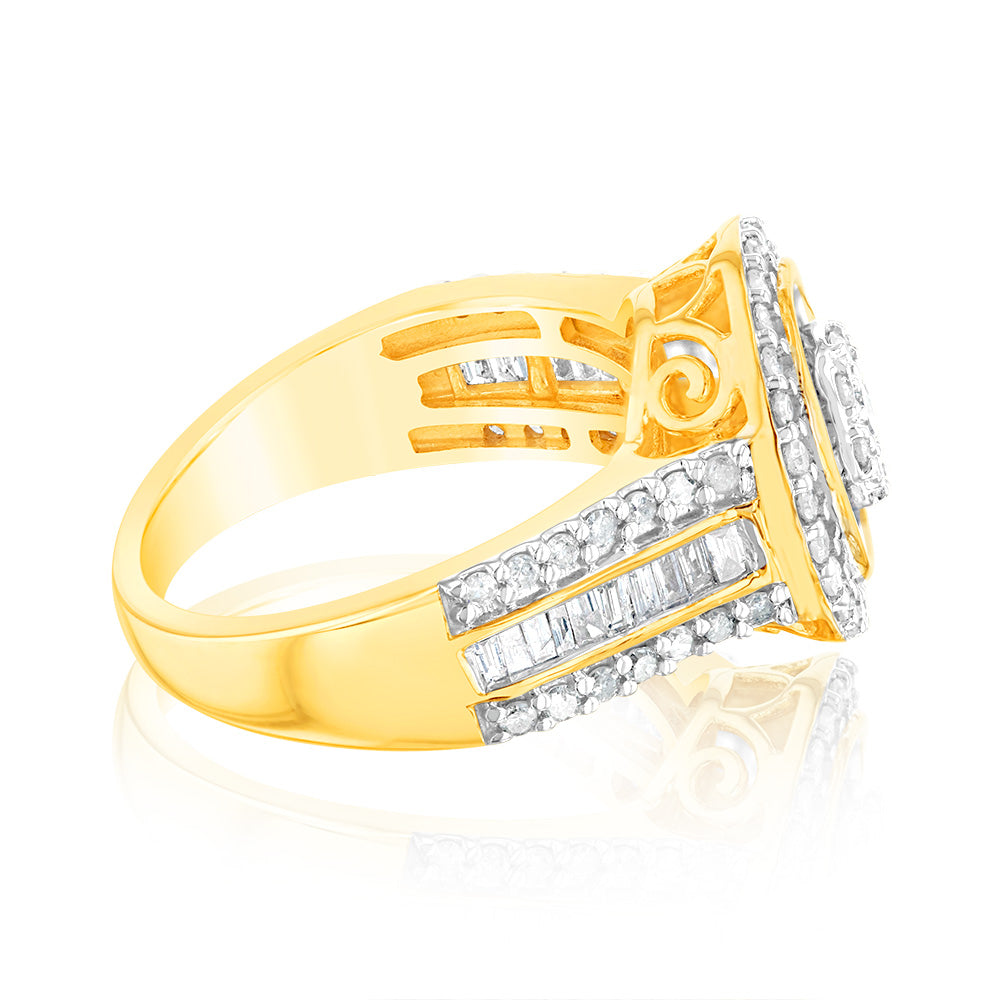 Exquisite 1 Carat Diamond Cluster Engagement Ring Featuring Round Brilliant and Baguette Diamonds Set in 9ct Yellow Gold