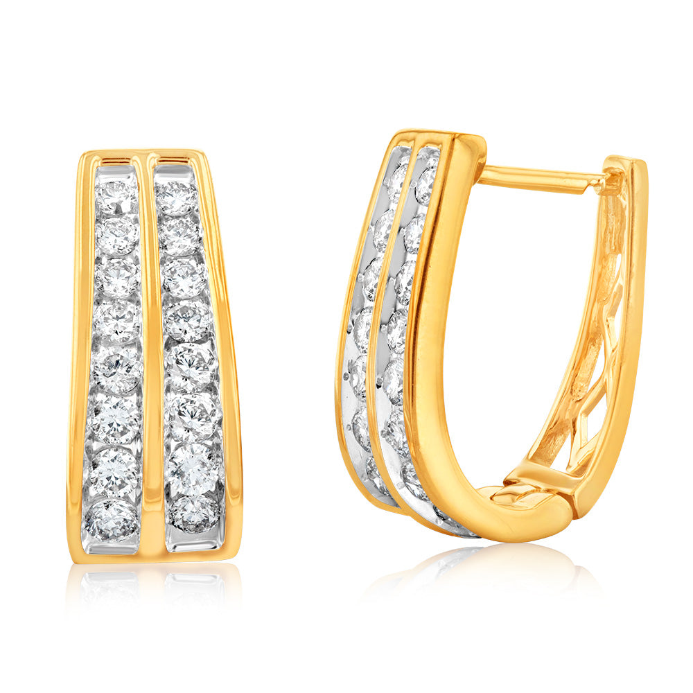 1 Carat 9ct Yellow Gold Double Row Diamond Hoop Earrings of Luxury