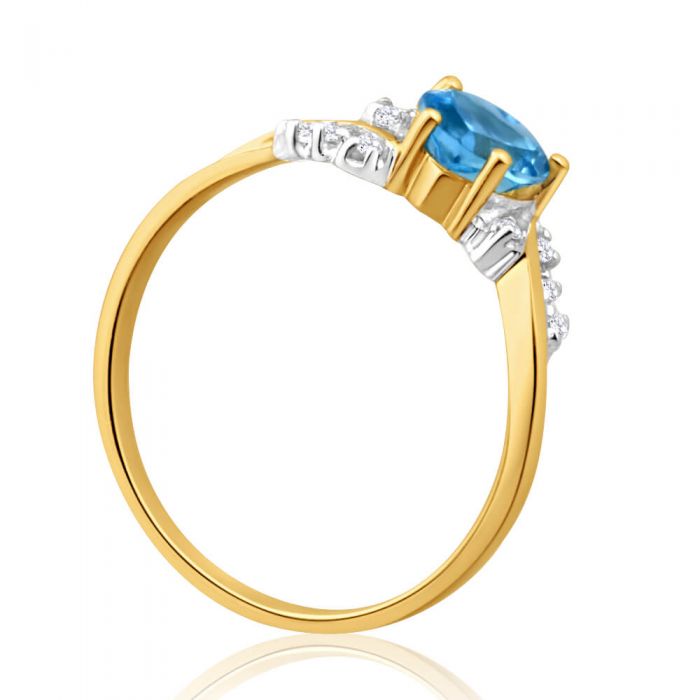Exquisite 9 Carat Yellow Gold Heart-shaped Ring with Blue Topaz and Eight Sparkling Diamonds