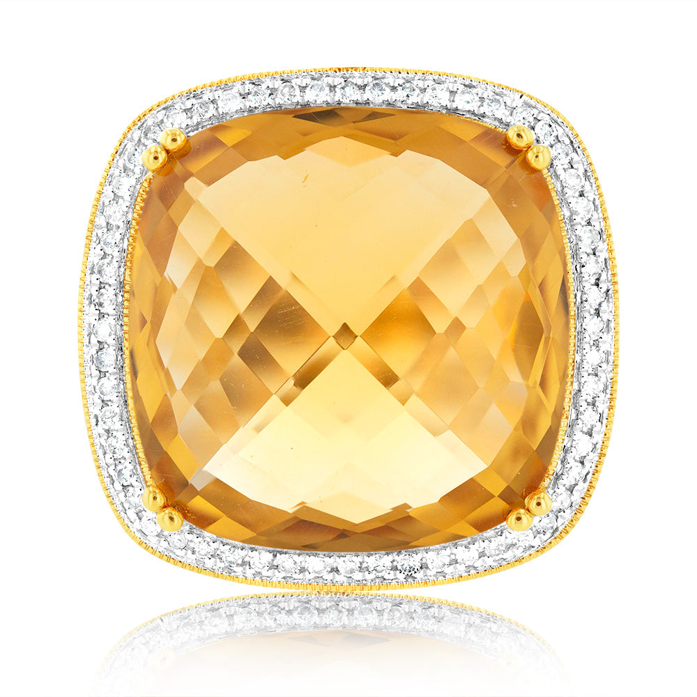 Exquisite 9ct Yellow Gold Ring Featuring Natural Citrine and Sparkling Diamonds