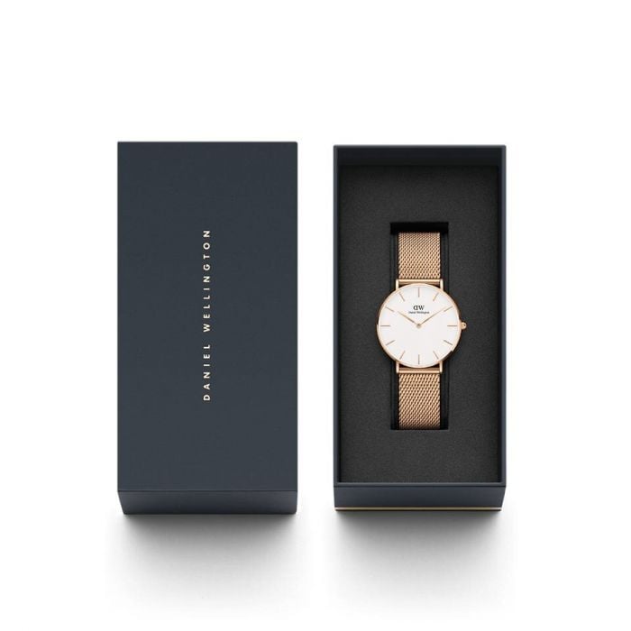 Daniel Wellington Women's Petite Melrose DW00100305 Elegant Eggshell White Dial Rose Gold Mesh Strap Watch