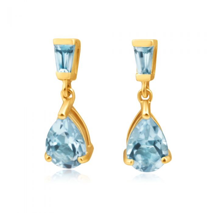 Exquisite 9 Carat Yellow Gold Blue Topaz Drop Style Gemstone Earrings for Elegant Look