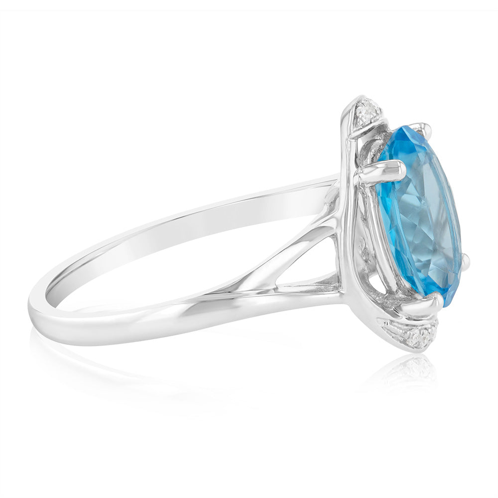Stunning 9ct White Gold Ring with Natural Blue Topaz and Sparkling Diamonds
