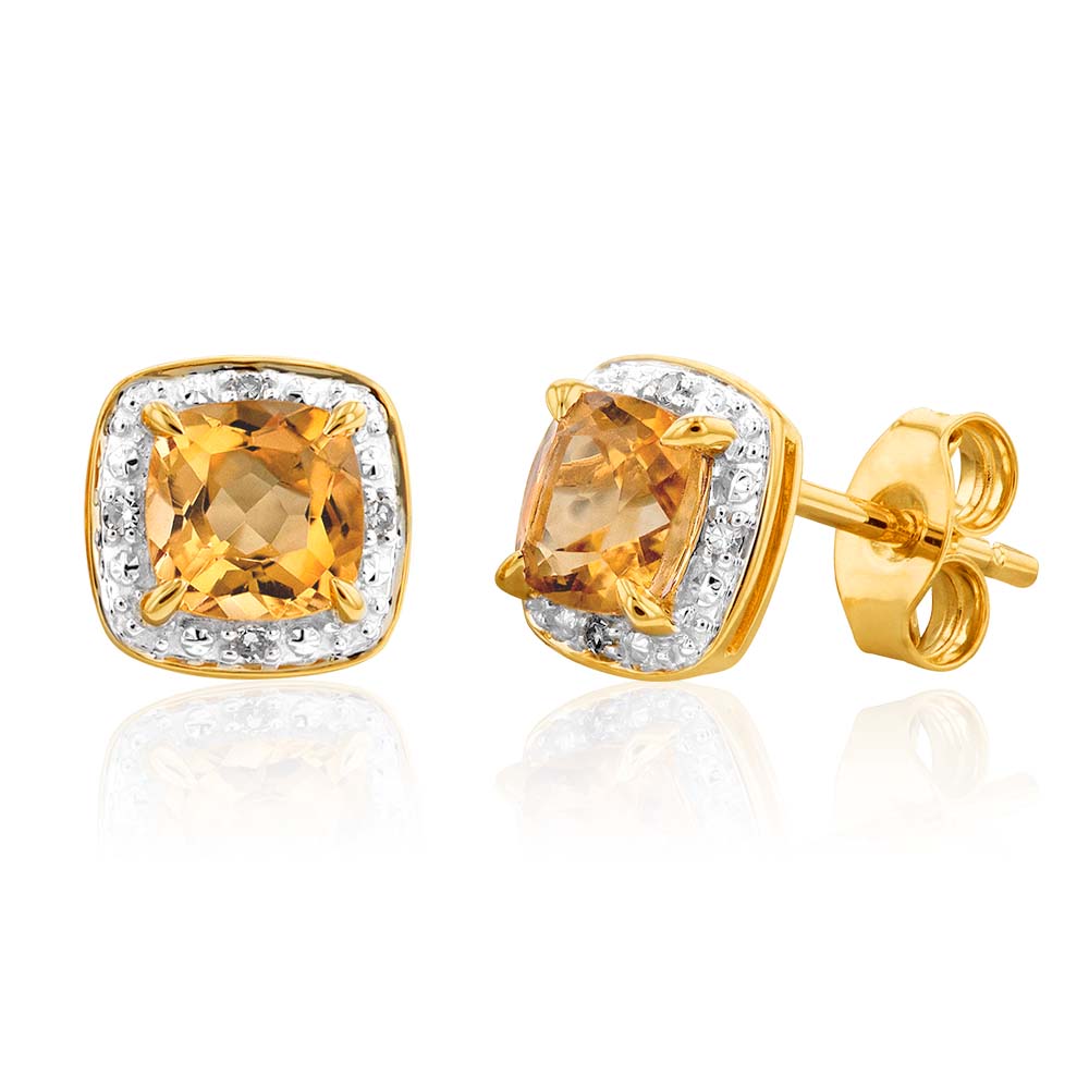 Stunning 9ct Yellow Gold 1/2ct Cushion Cut Citrine and Diamond Stud Earrings