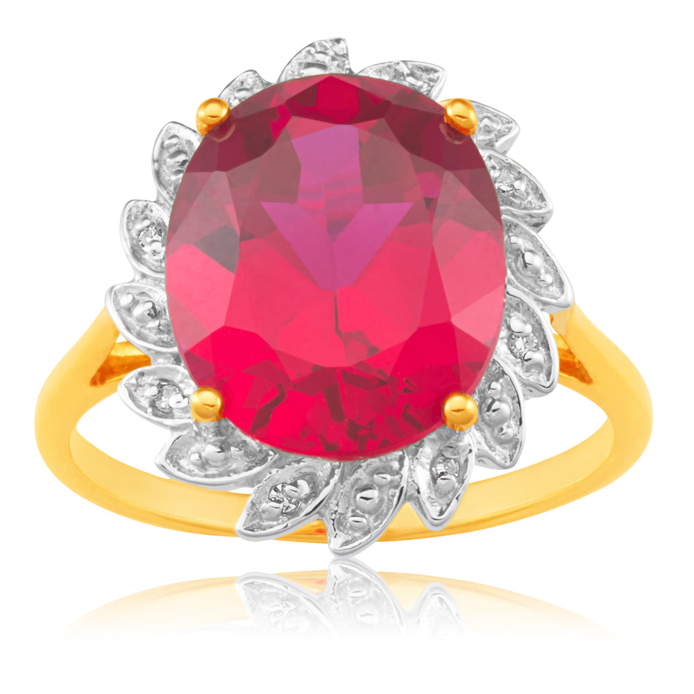 Stunning 9ct Yellow Gold Ring with Lab - Created Rubies and Diamonds