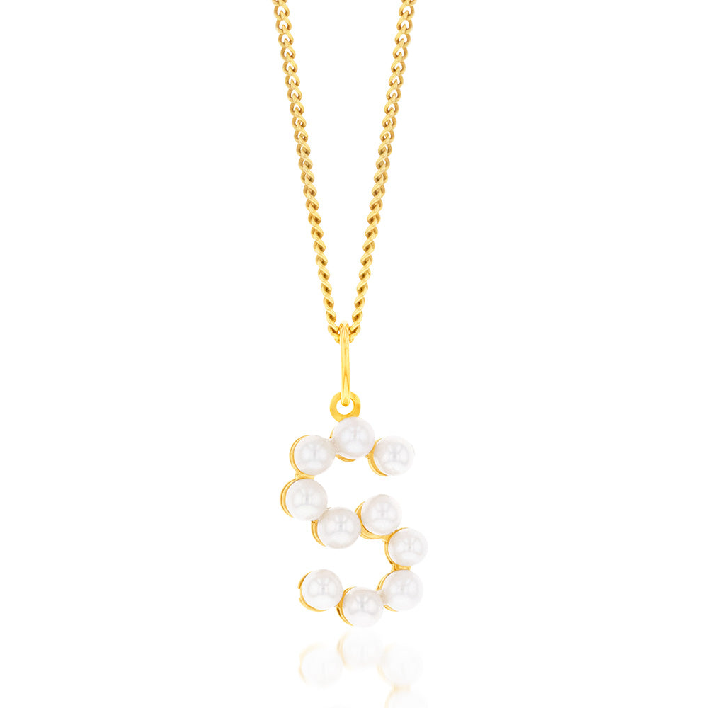 9ct Yellow Gold Fashionable Freshwater Pearl Mini Initial S Pendant for Jewelry Lovers