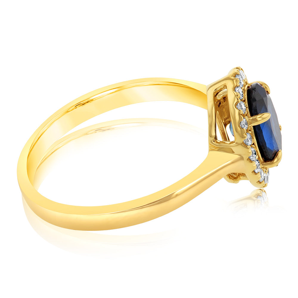 Exquisite 9ct Yellow Gold Oval Created Sapphire with Diamond Halo Ring