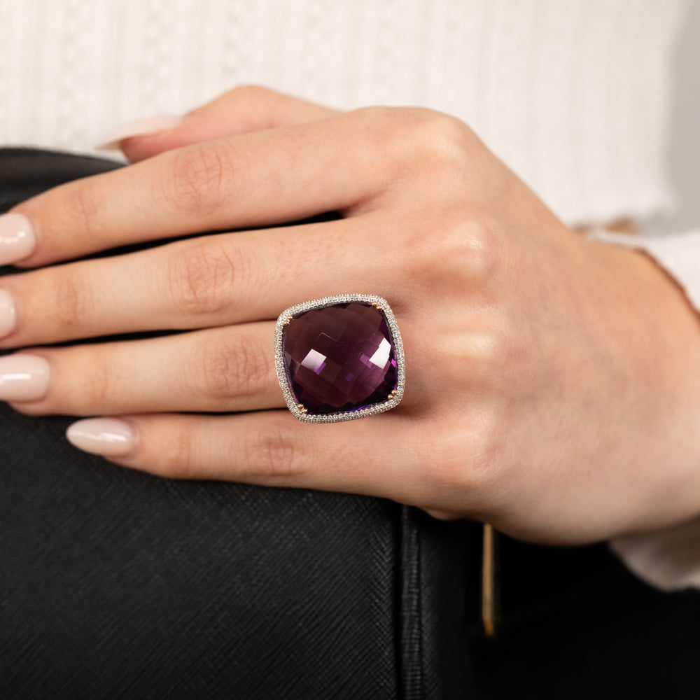 Stunning 9ct Rose Gold Ring Adorned with Amethyst and 0.54ct Cubic Zirconia