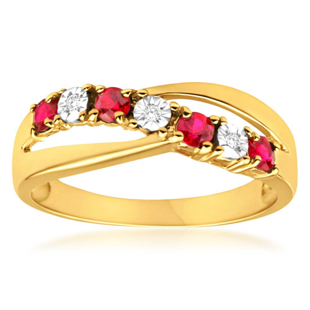 Stunning 9 Carat Yellow Gold Ring Featuring 4 Lab - Created Rubies and 3 Diamonds