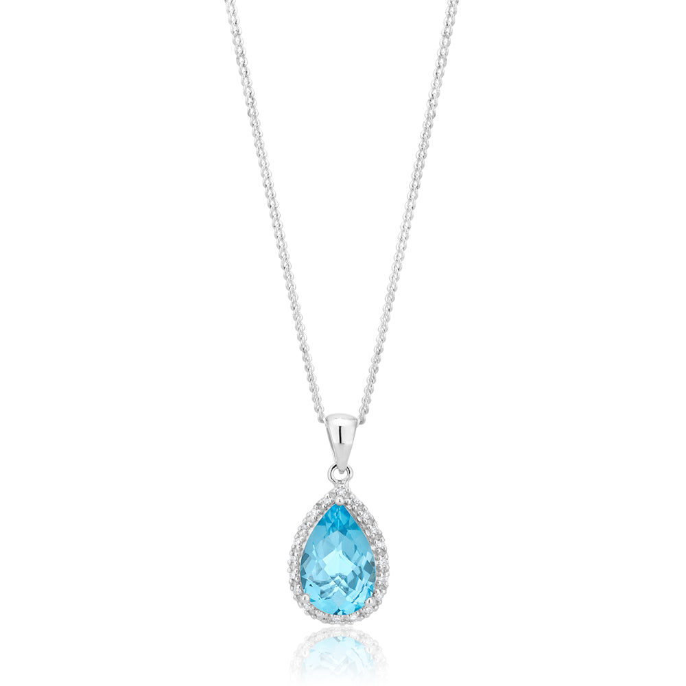 Stunning 9ct White Gold Pendant with Blue Topaz and Diamonds