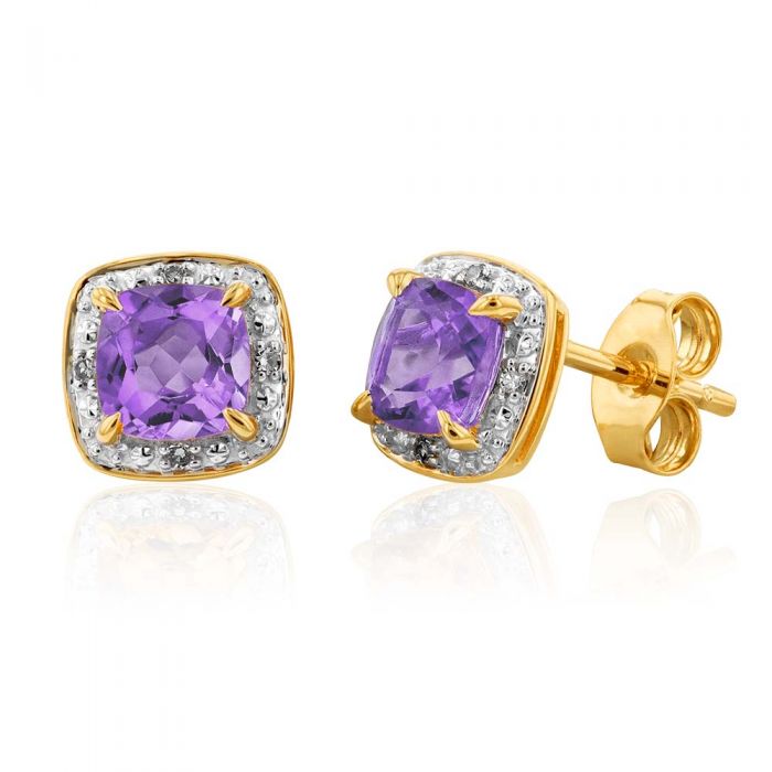 Stunning 9ct Yellow Gold Stud Earrings with Amethyst and Diamond Accents