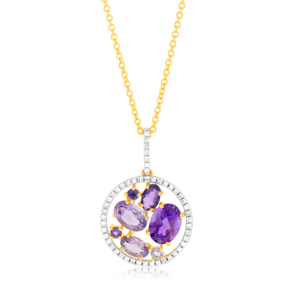 9ct Yellow Gold Pendant with Natural Amethyst, Pink Amethyst and Diamonds on a Chain