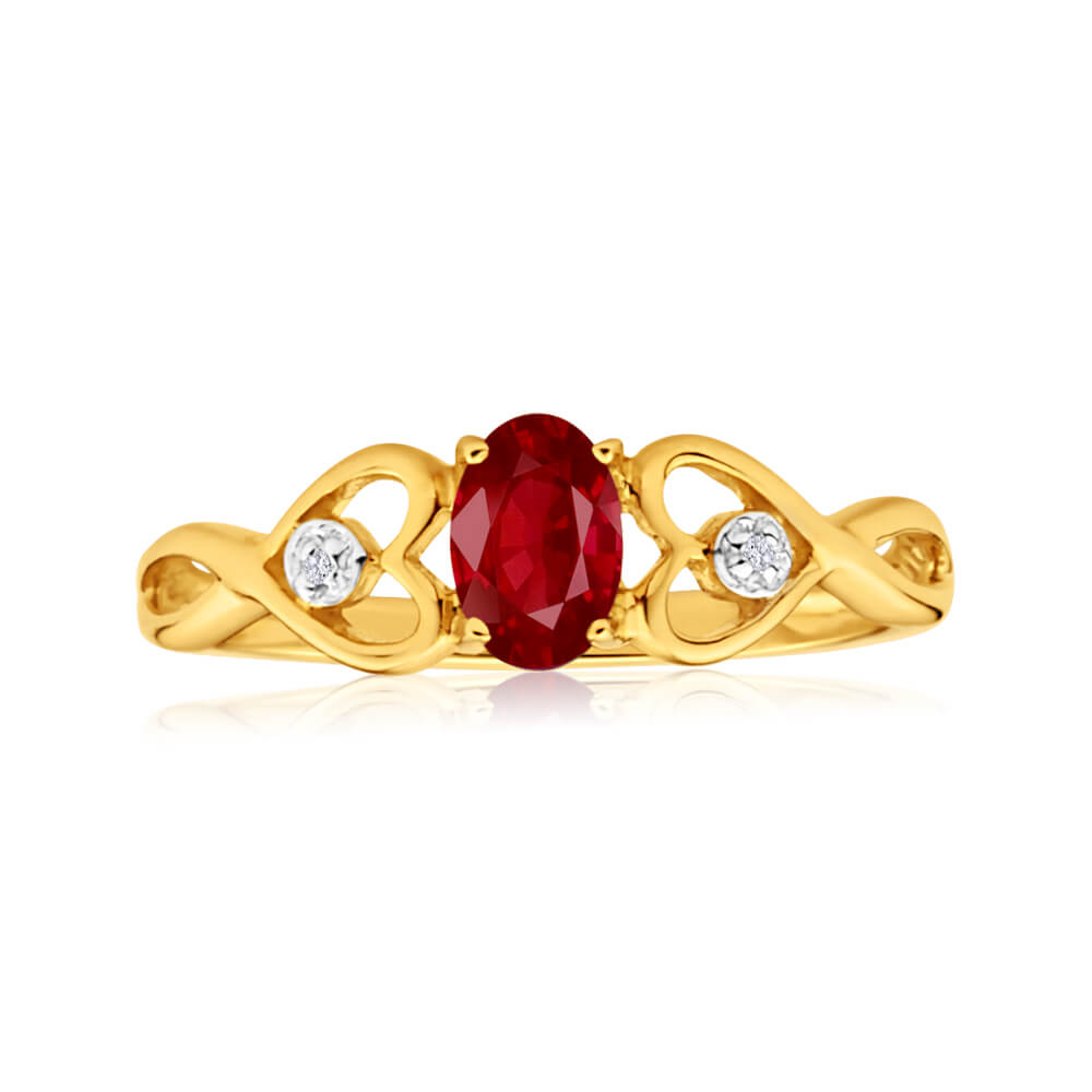 9ct Yellow Gold Ring with Oval Lab - Created Ruby and 2 Diamonds